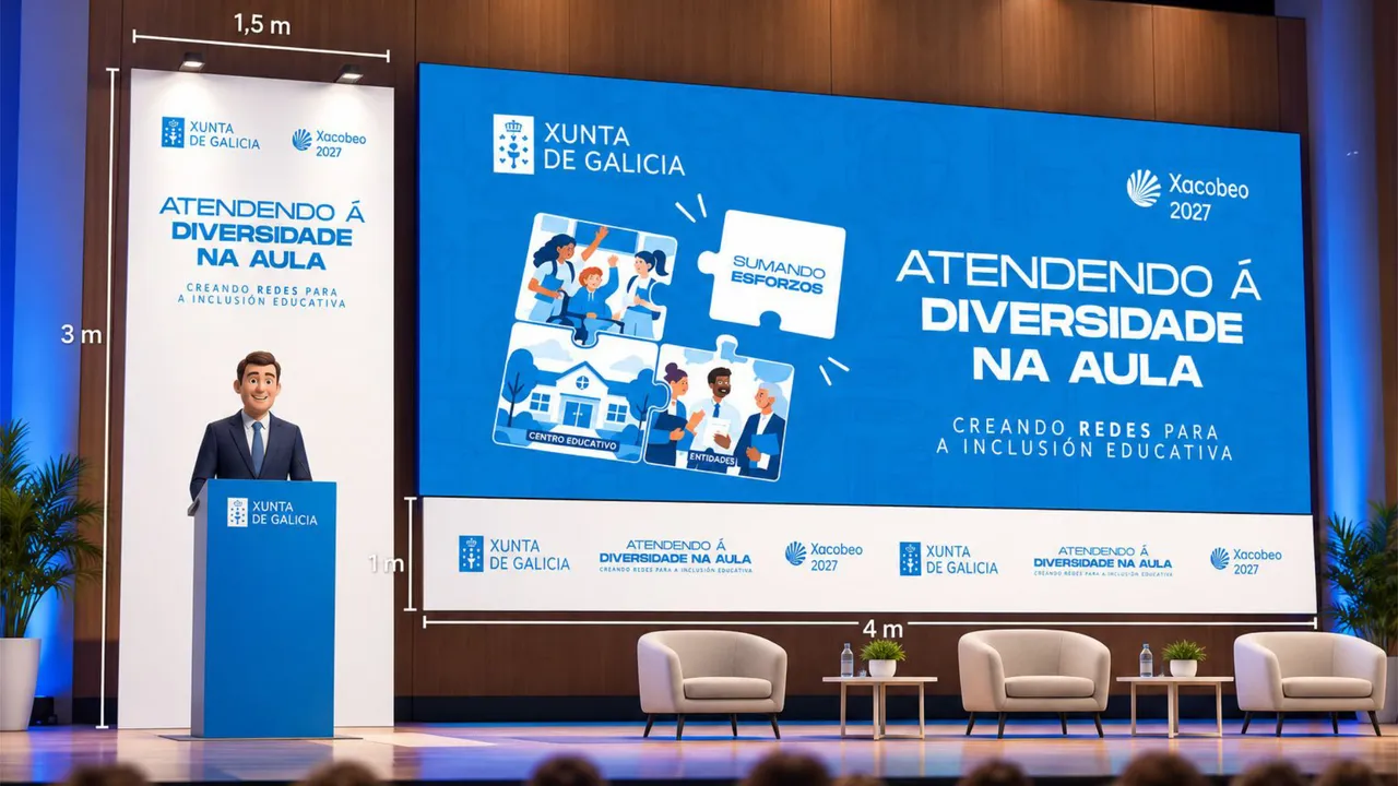 Escenario de la Jornada Atendendo á diversidade na aula, con pantalla, photocall, faldón y atril, con medidas