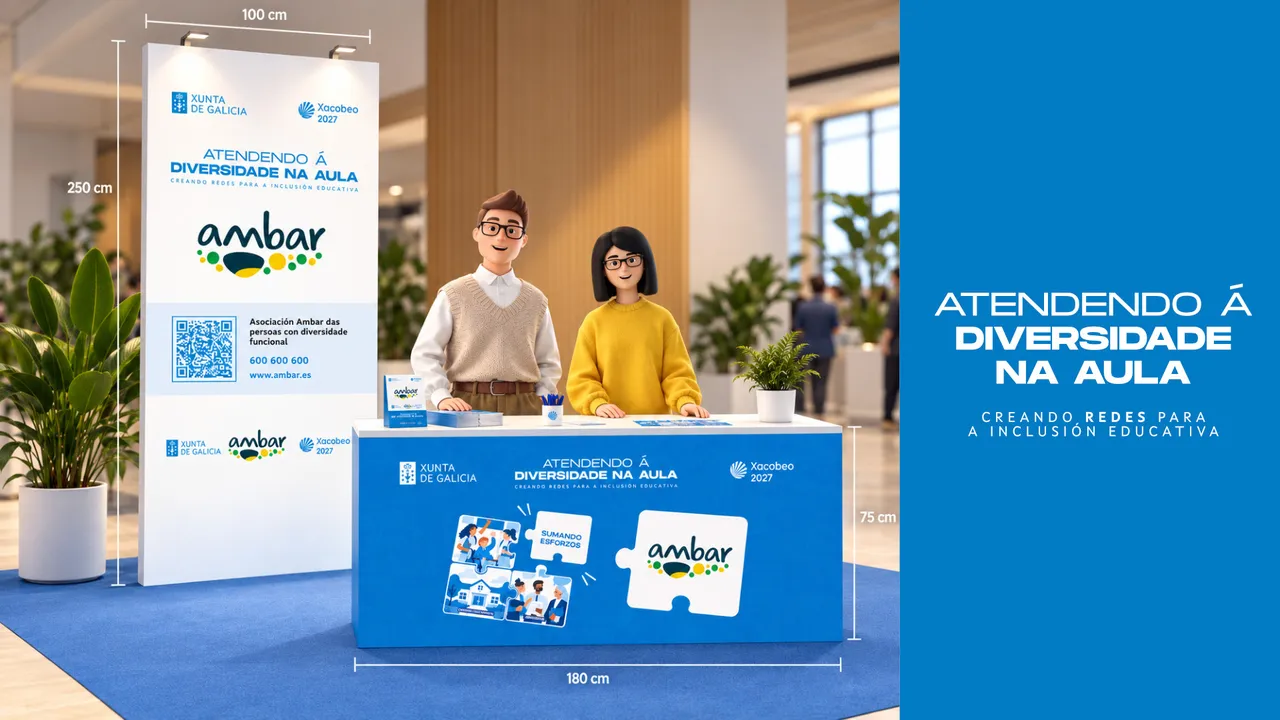 Stand de la jornada con panel vertical y mostrador para la Asociación Ambar, con medidas