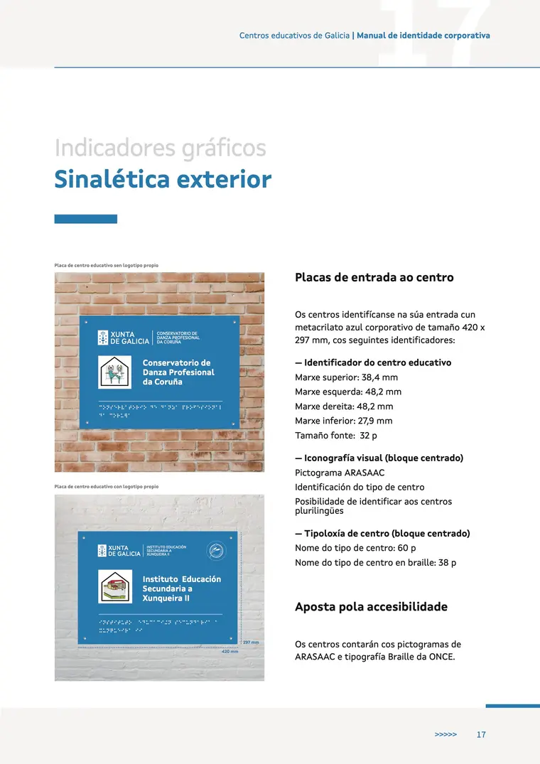 Manual de identidade corporativa, páxina 17: Placas de entrada ao centro