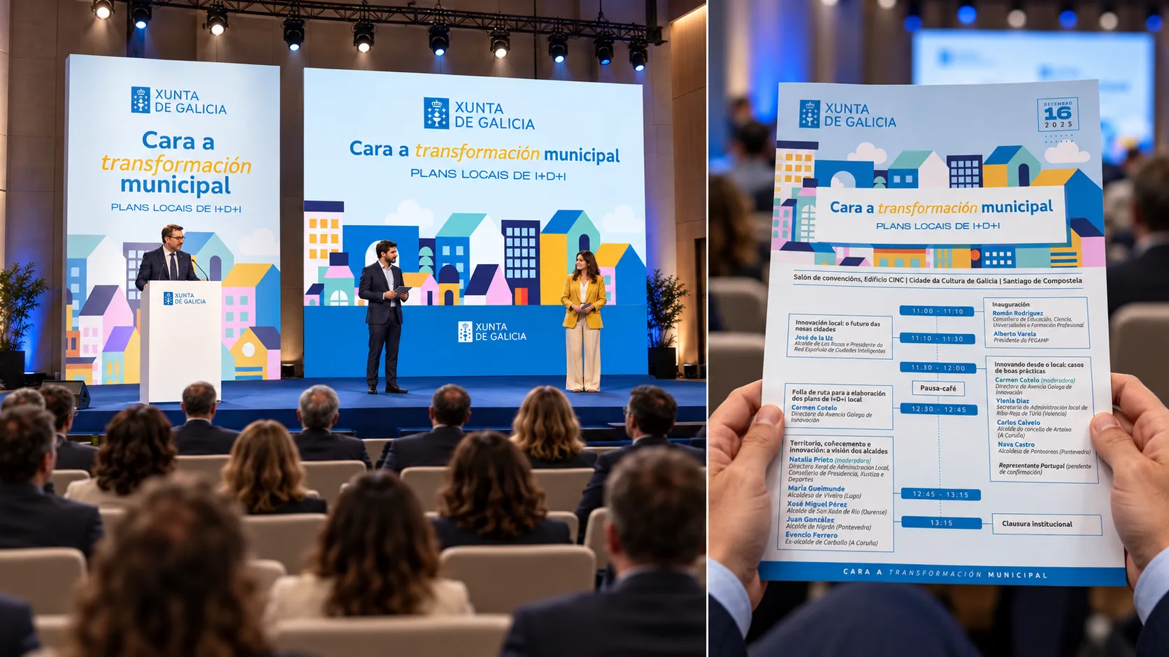Escenario con pantallas e atril, e programa impreso da xornada Cara á transformación municipal