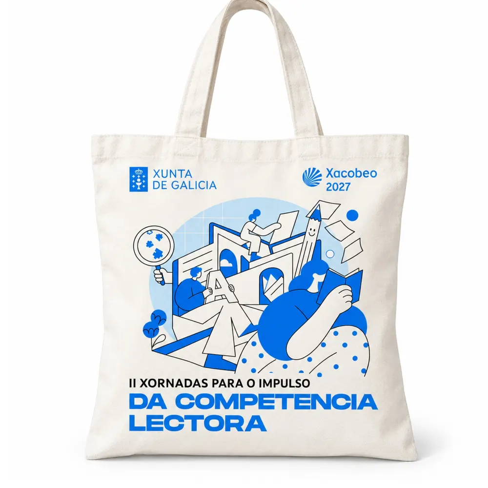 Bolsa de tela con la ilustración de las Xornadas impresa en azul